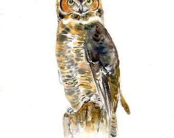 Great Owl Watercolor Painting, Woodland Nursery Wall Art, Original Forest Animal Art