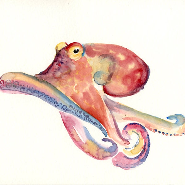 Octopus, Animal watercolor, Original watercolor painting, sea art, 10x8inch