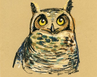 BÚHO Arte del bosque Arte animal Pastel original al óleo sobre papel de dibujo arena 8 x 10 pulgadas