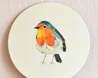 Robin Original Oil painting on round canvas board Animal art Fine art 8,6x8,6inch