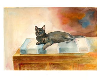 Original cat Watercolor Painting Nursery Wall Art
