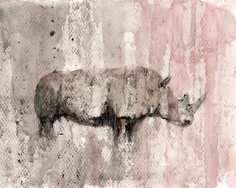 Rinoceronte, arte animale Pittura ad acquerello originale 10x8 pollici