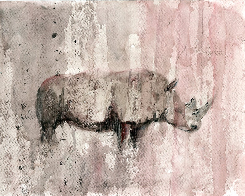 Rhino, Animal art Original watercolor painting 10x8inch image 1