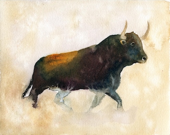 Original Watercolor Painting of a bull, Nursery Wall Art