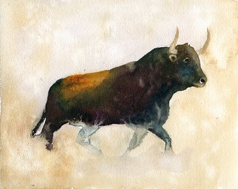 Toro, arte animale Pittura ad acquerello originale 10x8 pollici