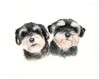 Custom Watercolor Pet Portrait, Dog Memorial Painting ,Two dogs painting