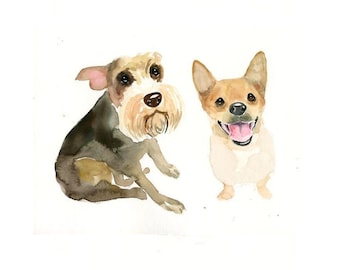 Retrato de mascota en acuarela personalizado, pintura conmemorativa de perro, pintura de dos perros