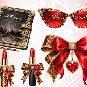 May include: A black planner with leopard print trim, a matching pen, cat-eye sunglasses with leopard frames and red lenses labeled Boss Vision, two lipsticks with leopard bows, and a large leopard print bow with a red heart charm.