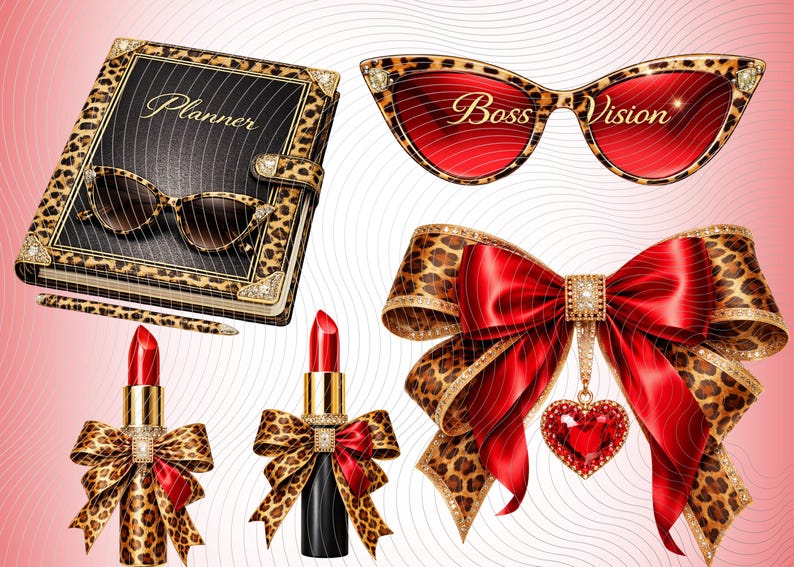 May include: A black planner with leopard print trim, a matching pen, cat-eye sunglasses with leopard frames and red lenses labeled Boss Vision, two lipsticks with leopard bows, and a large leopard print bow with a red heart charm.