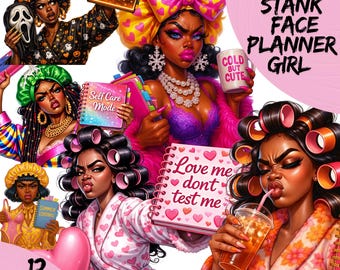 12-Month Stank Face Planner Girl PNG Bundle,Sassy Black Girl Planner Stickers,Sassy Mood Png,Daily Planner Digital,Funny African American