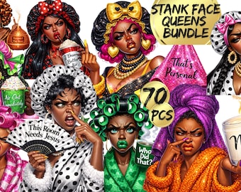 Stank Face Queens Bundle,Sassy Black Girl Attitude,Funny Afro Glam Stickers,Black Girl Bonnet,African American Bathroom Png,Sassy Afro Woman