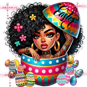 Puede incluir: Una ilustración colorida de una mujer con cabello negro rizado que lleva un huevo de Pascua grande y agrietado como sombrero. El huevo está decorado con la palabra "Pascua" y rayas de colores. La mujer sostiene un huevo más pequeño en su mano. El fondo es blanco con varios huevos de Pascua coloridos esparcidos.