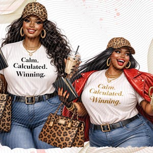 May include: Digital illustration of a woman wearing a leopard print baseball cap, white t-shirt with the text "Calm. Calculated. Winning.", and blue jeans. She holds a purse, notebook, and drink. The image has a fashion theme.
