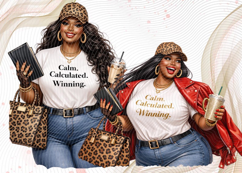 May include: Digital illustration of a woman wearing a leopard print baseball cap, white t-shirt with the text "Calm. Calculated. Winning.", and blue jeans. She holds a purse, notebook, and drink. The image has a fashion theme.