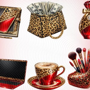May include: An illustration featuring a collection of luxury items with a leopard print and red accents. Includes a notebook, phone, purse filled with cash, perfume bottle, laptop, coffee cup, and a high-heeled shoe filled with makeup brushes.