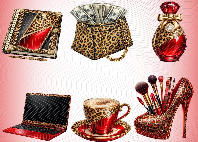 May include: An illustration featuring a collection of luxury items with a leopard print and red accents. Includes a notebook, phone, purse filled with cash, perfume bottle, laptop, coffee cup, and a high-heeled shoe filled with makeup brushes.