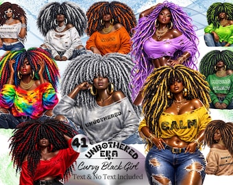 Unbothered Era Curvy Woman Clipart,Plus Size Black Woman Png,Statement Sweatshirt Afro,Distressed Sweatshirt,Big Hair Afro Png,Melanin Queen