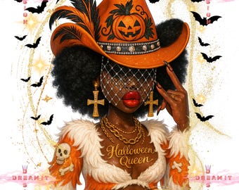 Halloween Queen Afro Woman PNG,Pumpkin Cowgirl Witch Png,Black Woman Halloween Shirt Design,Fall Spooky Digital Download,Black Girl Magic
