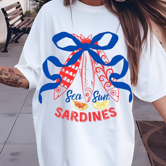 Sardines Graphic Tee,Hipster Sardine Lover Gift,Fish Girl Shirt,Whimsical Summer Beach,Summer Couqette Png,Summer Bow,Retro Tinned Sardines