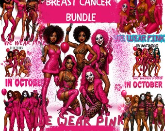 Breast Cancer Awareness Clipart Bundle,Black Girl Cancer Png,We Wear Pink PNG,Afro Women Halloween Horror Pink Leopard Png,October Cancer