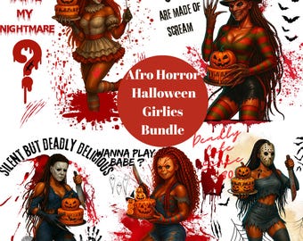 Afro-Halloween-Girlies PNG-Bundle, schwarze Horror-Frauen-Clipart, gruselige Kuchen, gruselige niedliche Charaktere, Retro-Halloween-PNG, feministisches Halloween-PNG