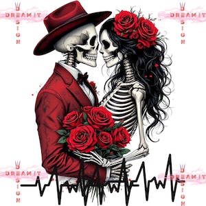 Romantic Skeleton Couple PNG,Gothic Valentine’s Day Clipart,Day of the Dead Skull Love Design,Red Roses Sublimation,POD & Commercial Use