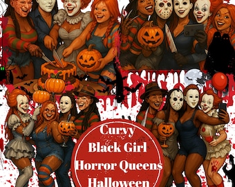 Kurviges schwarzes Mädchen-Halloween PNG-Bundle, Horror Queens Clipart, Afro Frau Slasher digitaler Download, gruselige niedliche Sublimation, feministisches Halloween