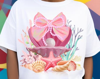 Mermaid Pearl Shell PNG, Coquette Starfish Clipart, Pastel Sea Theme Sublimation Design, Summer Beach Girl PNG for Shirts, Commercial Use