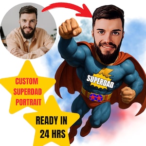 Benutzerdefinierte Superdad Porträt, Superheld Papa Cartoon Illustration, Vatertagsgeschenk von Kindern, personalisierte Held Papa Zeichnung, lustiges individuelles Geschenk
