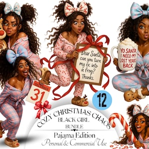 May include: A digital illustration bundle featuring a character with curly dark hair and a bow, wearing pink and blue patterned pajamas. The character is shown in various poses with a reindeer plush, a sign reading Dear Santa, can you turn my ex into a frog? Thanks., a mug with text, a calendar, and a candy cane.