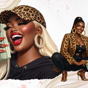 May include: Digital illustration of two women. One is wearing a leopard print cap and holding money, the other is wearing a leopard print blazer and holding money. Both women are smiling and wearing gold jewelry.