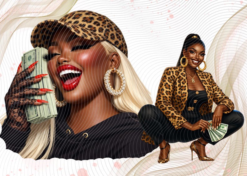 May include: Digital illustration of two women. One is wearing a leopard print cap and holding money, the other is wearing a leopard print blazer and holding money. Both women are smiling and wearing gold jewelry.