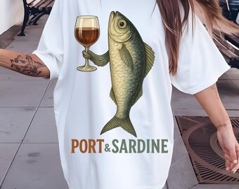 Sardina de puerto PNG, diseño divertido de pescado y vino, ilustración única de estilo vintage, regalo para amantes de los mariscos, sardinas enlatadas retro, pescador png