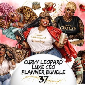 Curvy Leopard Luxe CEO planner, Black Girl Boss Lady Clipart, Plus Size Woman, Wealth Era Aesthetic, Goodnotes-sticker, Afro-Amerikaanse png
