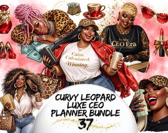 Curvy Leopard Luxe CEO Planner,Black Girl Boss Lady Clipart,Plus Size Woman, Wealth Era Aesthetic,Goodnotes sticker,African American png