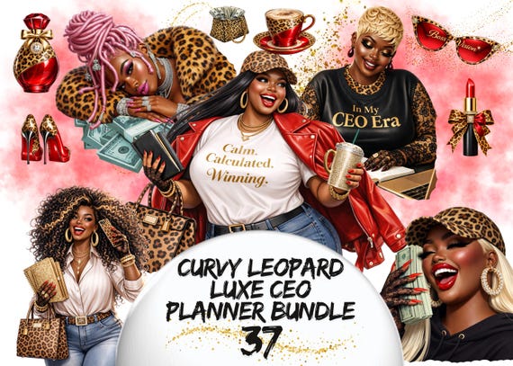 Curvy Leopard Luxe CEO Planner,Black Girl Boss Lady Clipart,Plus Size Woman, Wealth Era Aesthetic,Goodnotes sticker,African American png