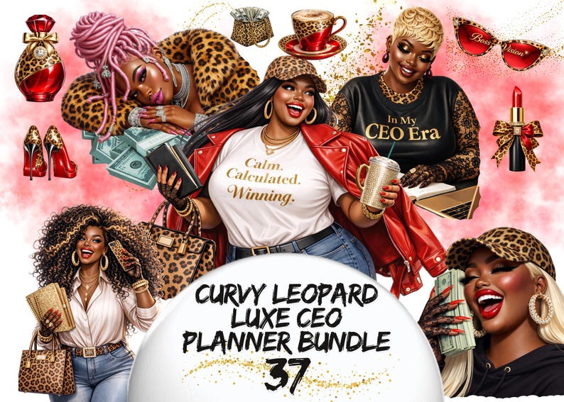 Curvy Leopard Luxe CEO Planner,Black Girl Boss Lady Clipart,Plus Size Woman, Wealth Era Aesthetic,Goodnotes sticker,African American png image 1