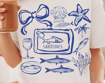 Retro Sardine PNG | Vintage Nautical Sea Life Clipart | Coastal Kitchen Sardines Illustration | French Market Ocean Decor,Sardines Shirt Png