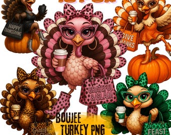 Boujee Truthahn PNG Bundle, Glam Thanksgiving Truthahn Clipart, Modische Herbst Truthahn Sublimation, niedlicher Leopard Truthahn PNG, Thankful Chic Png