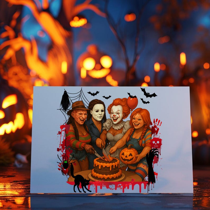 K&ouml;nnte beinhalten: Halloween-Gru&szlig;karte mit Illustrationen von Horrorfilmfiguren um einen Kuchen herum. Die Karte zeigt eine schwarze Katze, eine Spinne, Flederm&auml;use und einen K&uuml;rbis. Der Hintergrund ist ein verschwommenes Bild von beleuchteten K&uuml;rbissen und B&auml;umen.