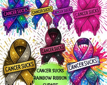 Cancer suger medvetenhetsband, glittercancerband clipart, sublimering för cancerstöd, flerfärgade medvetenhetsband, bekämpa cancer