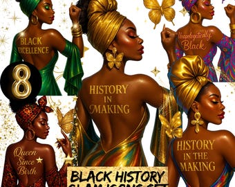 Set di icone glamour della storia nera, clipart della regina della melanina, donna afrocentrica PNG, arte dell'eccellenza nera, grafica di ragazze afroamericane, mese nero png