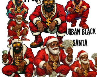 Paquete PNG de Papá Noel negro urbano, clipart de Papá Noel hip hop, PNG de Papá Noel gangster navideño, pose genial de Papá Noel con dinero, sublimación de Papá Noel afro, conjunto de clipart navideño