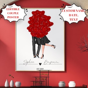 Personalisiertes Paar Poster, bearbeitbare Valentinstag Kunst, benutzerdefinierter Name, Datum, Text, druckbares Poster, anpassbare Wandkunst, perfektes Geschenk für Liebhaber