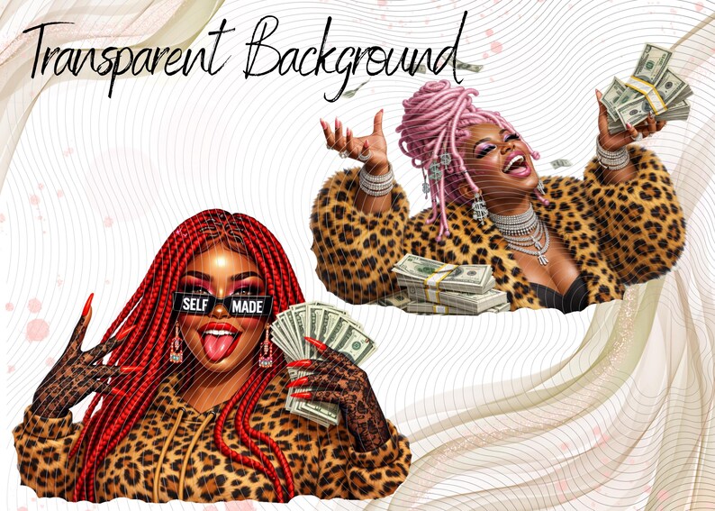 May include: Digital illustration featuring two women with stacks of cash. One wears a leopard print coat and has pink hair, the other has red braids and sunglasses that say "SELF MADE". Both are surrounded by money.