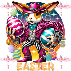 Lapin de Pâques glam cow-boy PNG, Western Easter Clipart, sublimation de lapin Boho, oeuf de Pâques de Style campagnard, glam rock lapin en téléchargement numérique