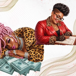 May include: Digital illustration featuring two women. One reclines on stacks of $100 bills, wearing a leopard print coat and pink hair. The other, in a red jacket with leopard accents, writes at a desk with a laptop. Both wear jewelry.