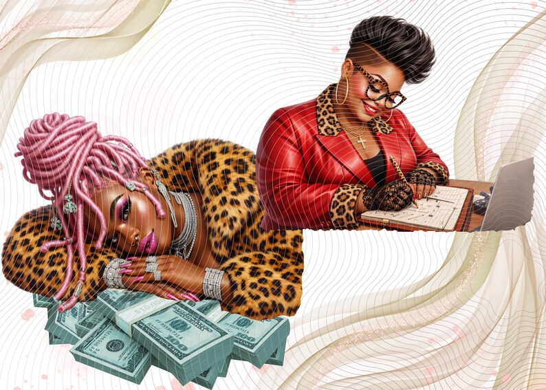 May include: Digital illustration featuring two women. One reclines on stacks of $100 bills, wearing a leopard print coat and pink hair. The other, in a red jacket with leopard accents, writes at a desk with a laptop. Both wear jewelry.