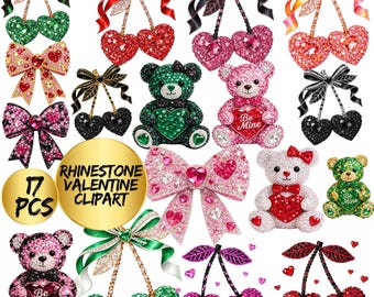 Paquete de imágenes prediseñadas de San Valentín con diamantes de imitación, corazones brillantes, lazos y ositos de peluche PNG, imágenes prediseñadas estéticas de San Valentín brillantes, San Valentín brillante PNG
