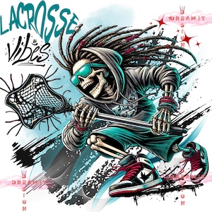 May include: A skeleton wearing a blue and grey hoodie with dreadlocks plays lacrosse. The skeleton is wearing sneakers and holding a lacrosse stick with a net. The background is a blue and black abstract design with the words "Lacrosse Vibes" and "Dream It Design" in red and white.